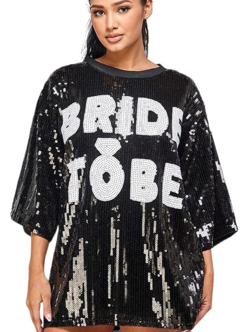 Sequin "Bride To Be" Mini T-Shirt Dress in Black and White